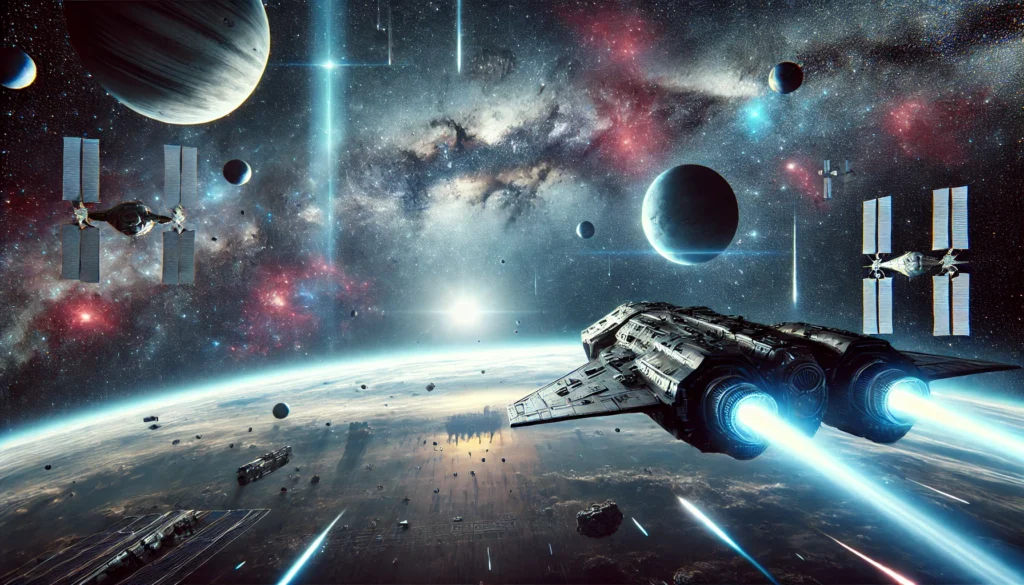 3D futuristic scene for New Worlds Magazine featuring a detailed spaceship exploring the cosmos with stars, planets, and a distant galaxy. The image includes elements like asteroid belts, comets, and nebulae, emphasizing depth and dimension. Keywords: space exploration, galaxy, spaceship, New Worlds Magazine, stars, planets, futuristic.