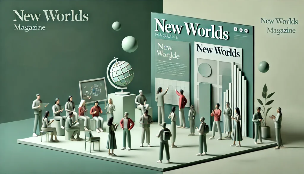 3D webpage layout for New Worlds Magazine featuring a sophisticated green background. The scene includes detailed figures engaged in various activities, a globe, and magazine covers. The design emphasizes depth and dimension, showcasing a collaborative and informative environment. Keywords: New Worlds Magazine, 3D webpage layout, green background, collaborative environment, informative design.