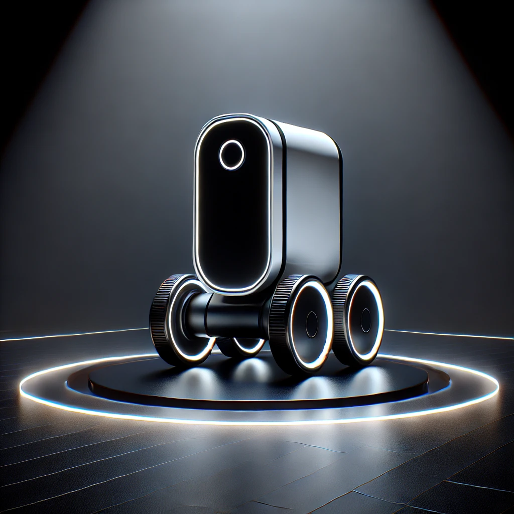 A sleek, futuristic robot with a white and black design, set against a dramatic dark background. The robot has a rectangular body with smooth curves, illuminated edges, and four large wheels, emphasizing its advanced technology and modern aesthetics. Keywords: futuristic robot, advanced technology, modern design, sleek robot, illuminated edges.