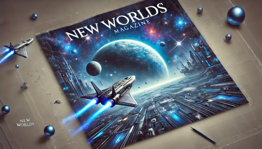 3D futuristic scene for New Worlds Magazine featuring a sleek spaceship exploring the cosmos with stars, planets, and a distant galaxy. The image emphasizes depth and dimension with strong shadows, highlights, and intricate textures, evoking a sense of adventure and discovery in space exploration.