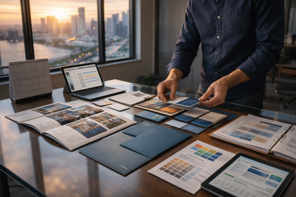 Marketing strategist organising printed materials