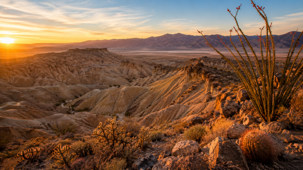 Desert badlands at golden hour